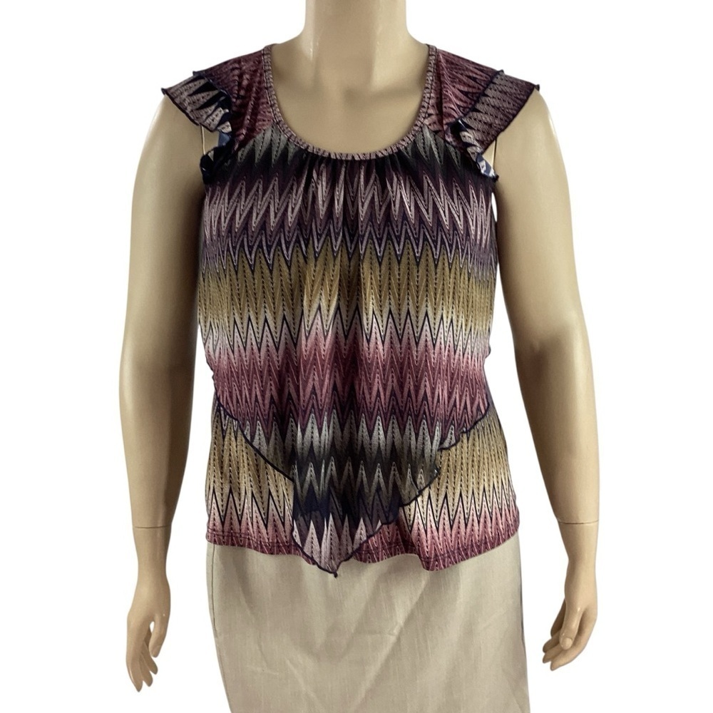 Dressbarn Layered Ruffle Sleeve Chevron Print Top Petite Large Multicolor